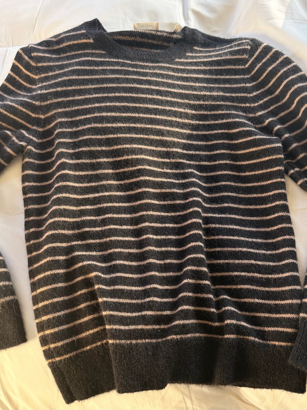 7 For All Mankind Black and Cream mohair Striped Crewneck Sweater